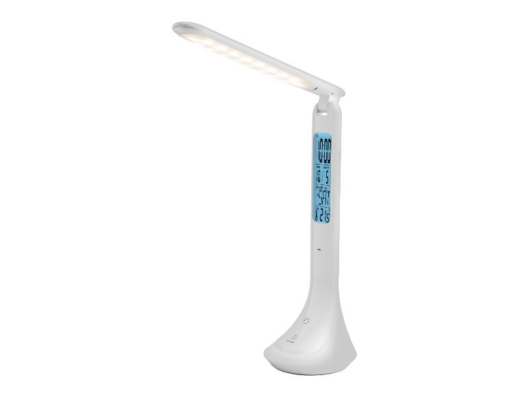 LED-Schreibtischlampe mit integrierter Uhr und Thermometer.