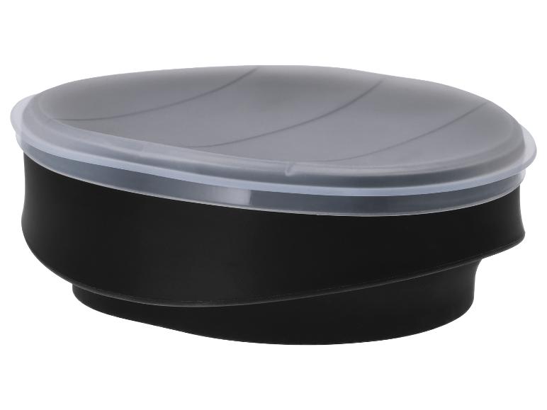 Schwarzer Silikonbehälter mit durchscheinendem Plastikdeckel, ideal zur Aufbewahrung.