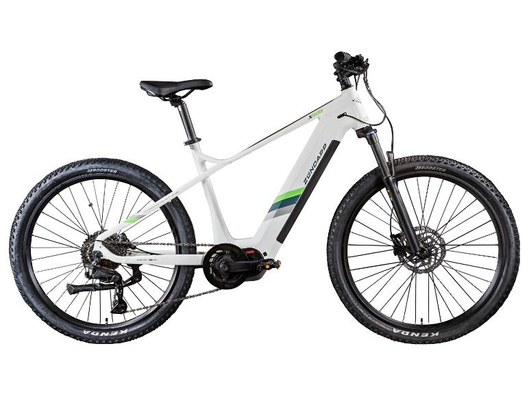 Weißes E-Mountainbike mit grünen und grauen Akzenten, Seitenansicht.
