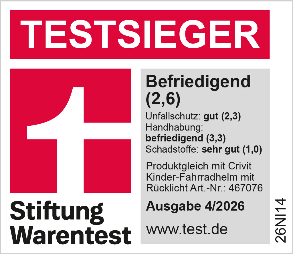 Testsiegel: Befriedigend (2,6), Unfallschutz: gut (2,3), Handhabung: befriedigend (3,3), Schadstoffe: sehr gut (1,0). Ausgabe 4/2026.
