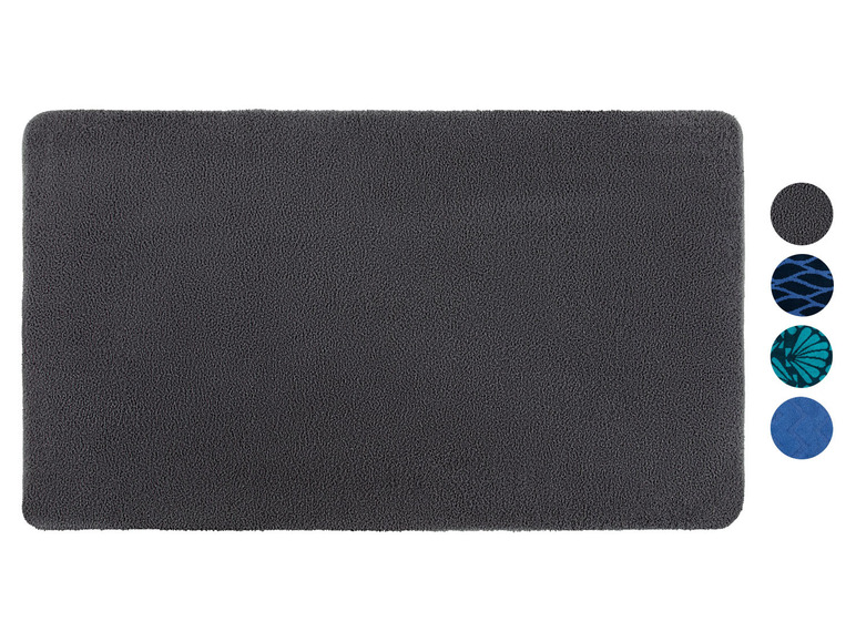 Eine dunkelgraue Badematte mit verschiedenen Farben und Mustern.