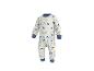 Weißer Baby-Strampler mit bunten Micky-Maus-Kopf- und Konfetti-Mustern.