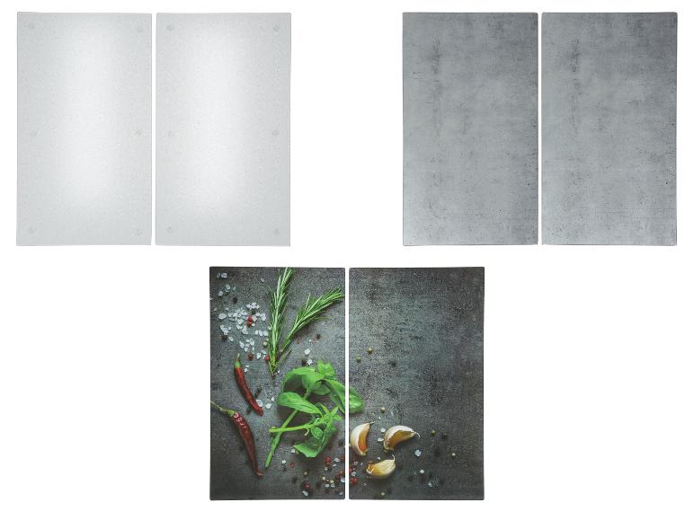 Drei Arten von Glasplatten für die Küche: mattes Weiß, Beton-Grau und Gewürze.