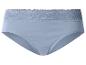 Hellblauer Damenslip mit Spitzenbesatz am Bund.