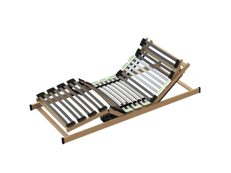 Verstellbarer Lattenrost mit Holzrahmen, teilweise aufgerichtet.