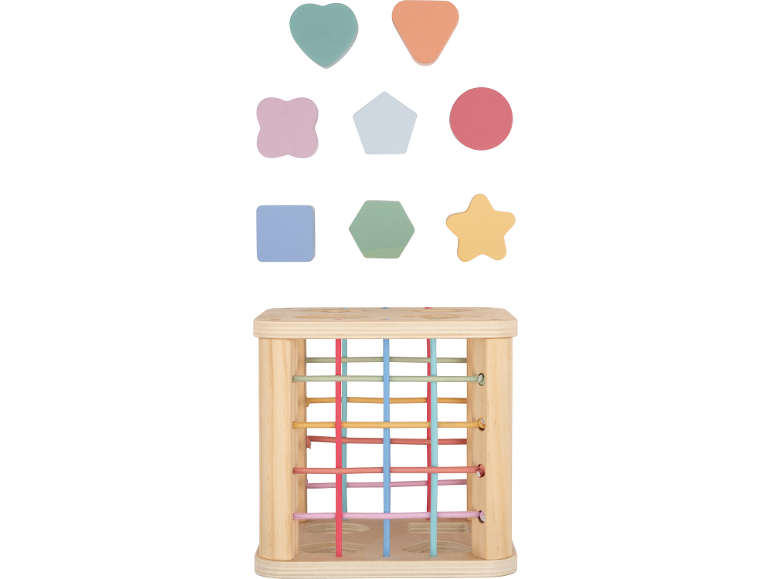 Holz-Formensortierer mit bunten Gummibändern und verschiedenen pastellfarbenen Formen.