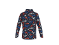 Langarmshirt mit Fuchs- und Bergmuster in Rot, Blau und Weiß auf dunkelblauem Hintergrund.