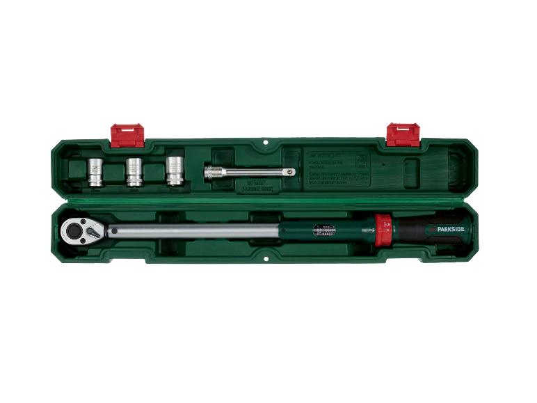 PARKSIDE Drehmomentschlüssel-Set mit Stecknüssen im grünen Koffer.