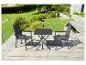 Gartenmöbel-Set: quadratischer Tisch und zwei graue Klappstühle.