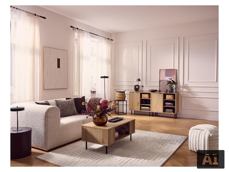 LIVARNO® Couchtisch im Wohnzimmer mit Sofa, Teppich und Sideboard. [KI-generiertes Bild]