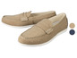 Beige Canvas-Slipper mit weißer Sohle.