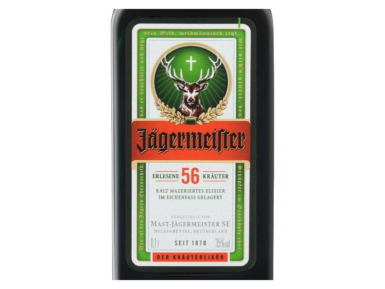 Dunkelgrüne Kräuterlikörflasche mit Hirschkopfmotiv und deutschem Text.