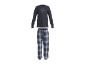 Dunkelblauer Pyjama mit Langarmshirt mit „GOOD MORNING BREAKFAST CLUB“-Aufschrift und karierter Hose.