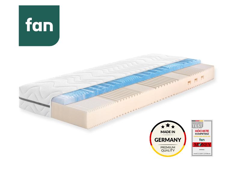 Aufgeschnittene Matratze mit drei Schichten, die ihre innere Struktur und Qualitätssiegel zeigt.