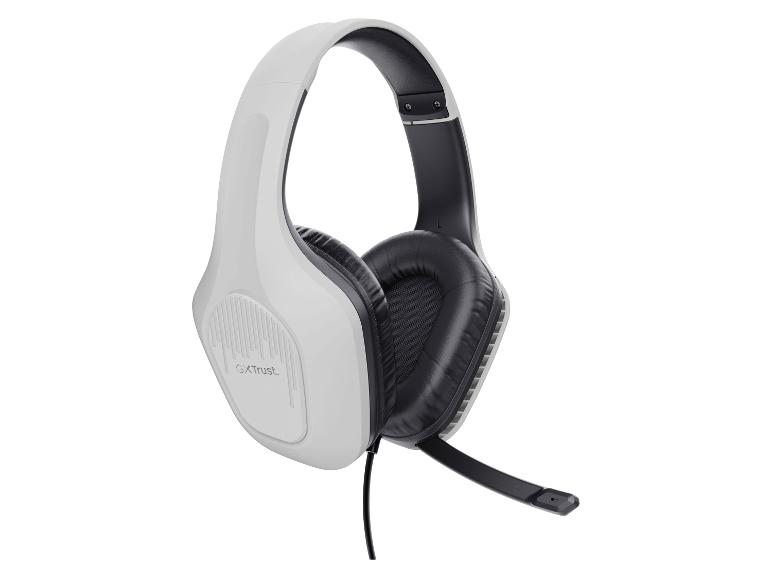 Weiße Over-Ear-Kopfhörer mit Mikrofon, schräg dargestellt.