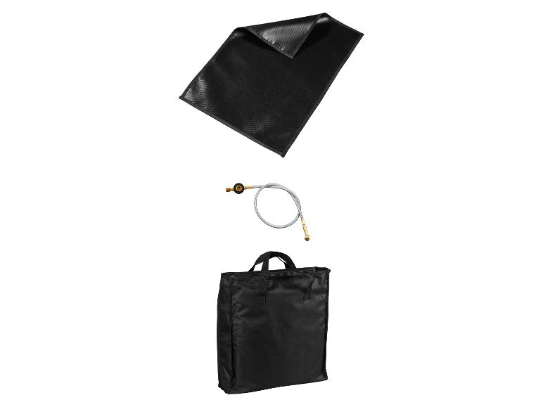 Schwarze feuerfeste Matte, Gasschlauch und Tragetasche.