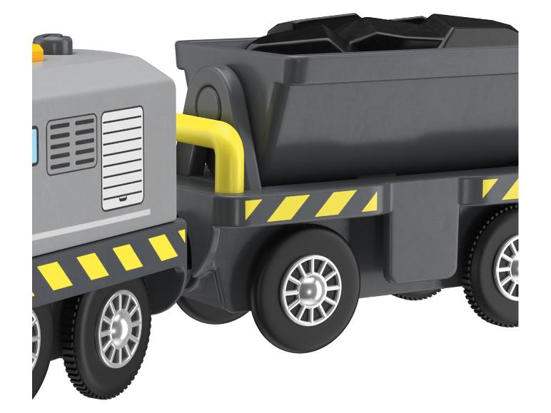 Grauer Spielzeugzug mit Kohlewaggons und gelben Akzenten.