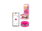 Pinker smarter Macaron-Lautsprecher mit App-Oberfläche, die Modi wie Farbe, Stereo, Alarm anzeigt.