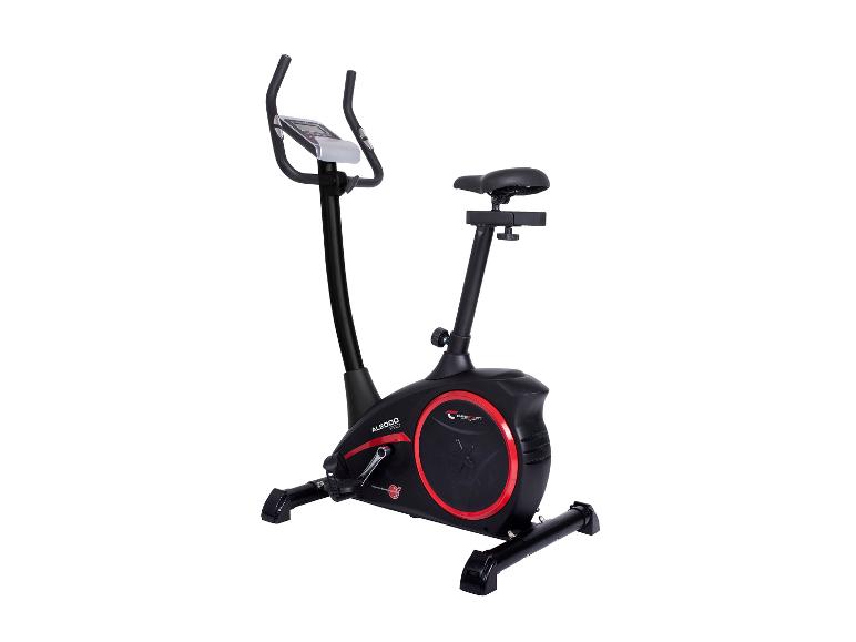 Schwarz-rotes Heimtrainer mit Digitalanzeige und verstellbarem Sitz.