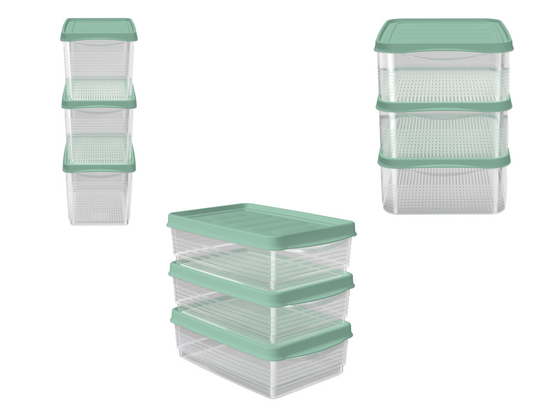 Drei Stapel transparente Aufbewahrungsboxen mit grünen Deckeln