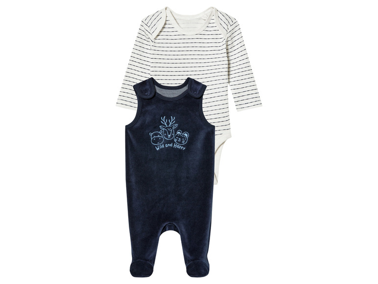Baby-Body mit Streifen und blauer Samt-Strampler mit Tiermotiv.