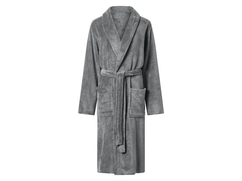 Grauer weicher Fleece-Bademantel mit Bindegürtel und Taschen.