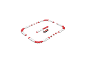 Spielzeug-Rennstrecke mit rot-weißen Barrieren, Verkehrskegeln und einem roten Rennwagen.
