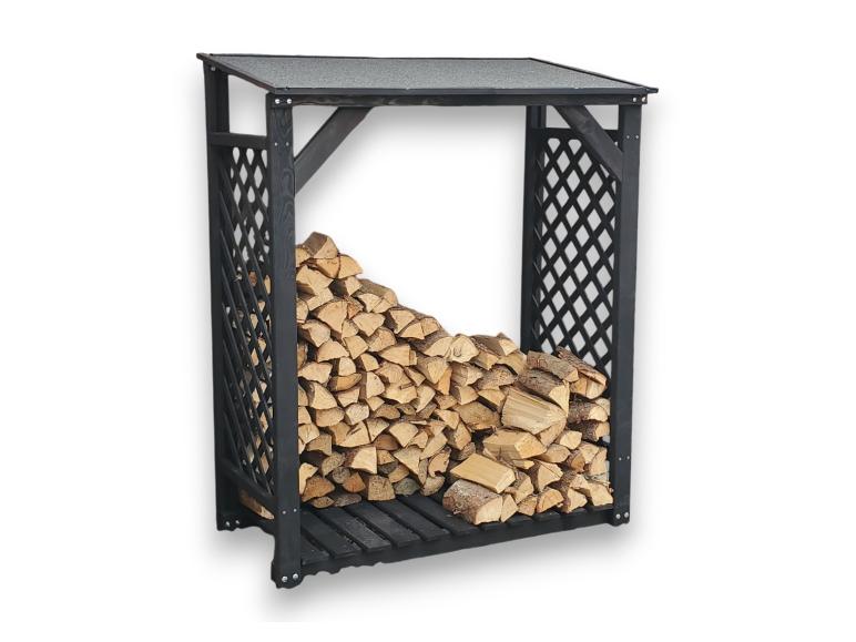 Schwarzer Holz-Brennholzständer mit einem Stapel Brennholz darin