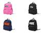 Vier Rucksäcke in verschiedenen Farben: Pink, Schwarz, Marineblau mit orangefarbenem Logo und Schwarz mit weißem Logo.