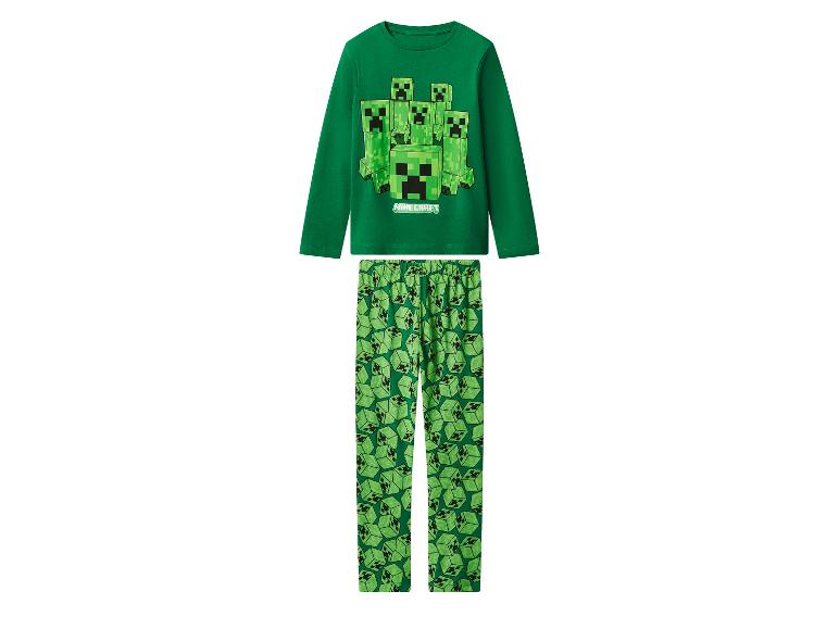 Grüner Minecraft Creeper Pyjama für Kinder, mit Langarmshirt und gemusterter Hose.