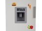 Weißer Kühlschrank mit Wasserspender, Anzeige 4°C und -18°C, verziert mit Essensmagneten.