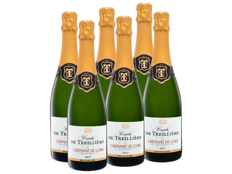 Sechs Flaschen Sekt mit goldener Folie und Etiketten „Crémant de Loire Brut“.