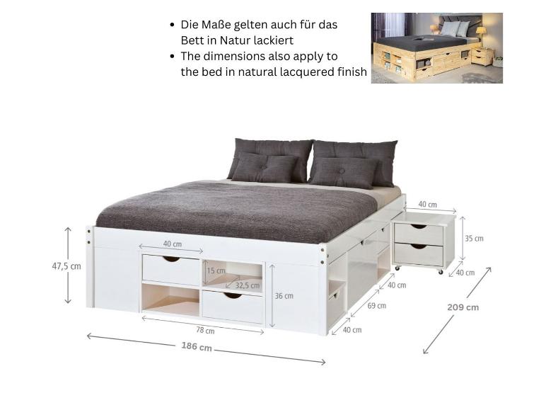 Weißes Stauraumbett mit integrierten Schubladen und beweglichem Nachttisch, Maße angegeben.