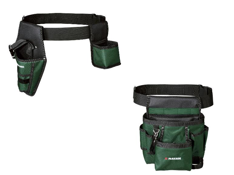 Zwei grüne und schwarze Werkzeuggürtel mit verschiedenen Taschen und Schnallen.