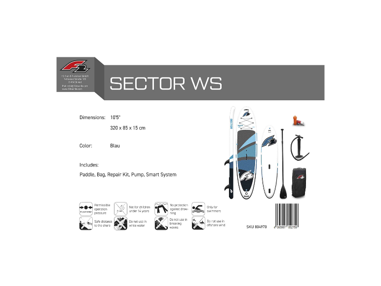 Blaues SUP-Board mit Paddeln, Pumpe und Tasche, inklusive Gebrauchsanweisungen.