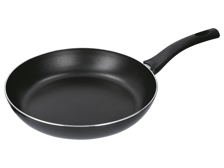 Antihaft-Pfanne mit schwarzem Griff.