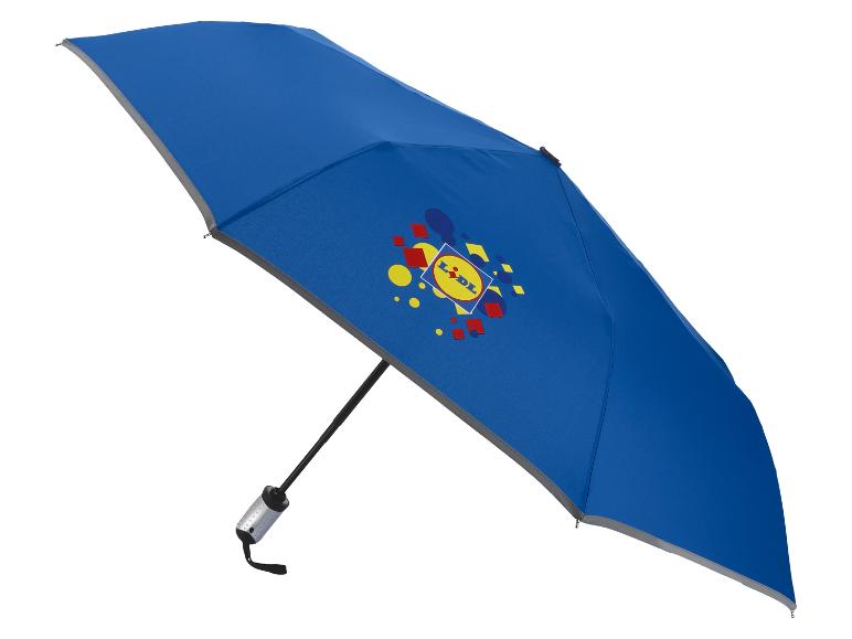 Blauer Regenschirm mit farbenfrohem geometrischem Muster und gelbem Logo.
