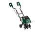 PARKSIDE Elektro-Gartenhacke mit grünem Gehäuse und schwarzen Zinken auf weißem Hintergrund