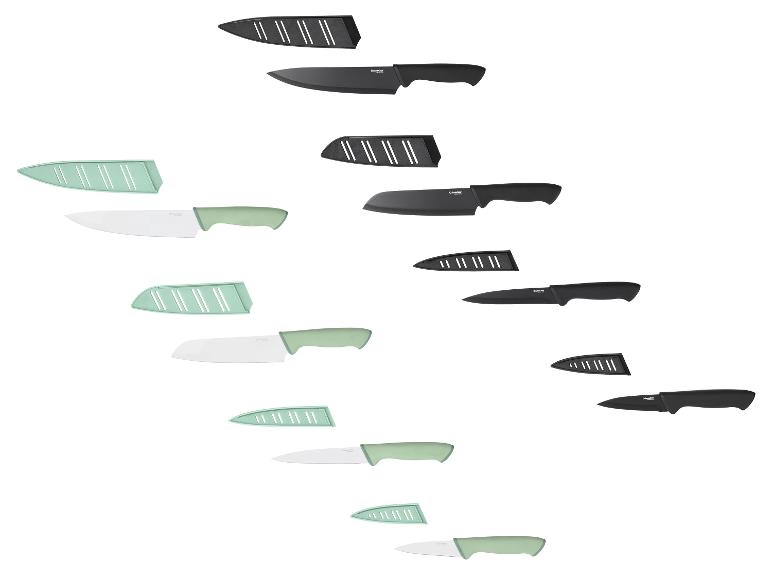Schwarze und hellgrüne Küchenmesser mit Scheiden in verschiedenen Größen.