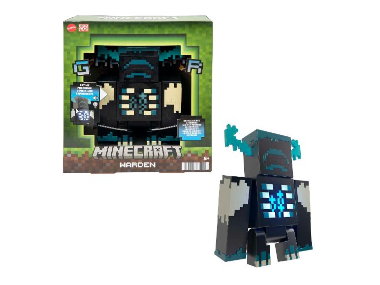 Minecraft Warden Actionfigur mit Kampflichtern und -geräuschen, verpackt und unverpackt.