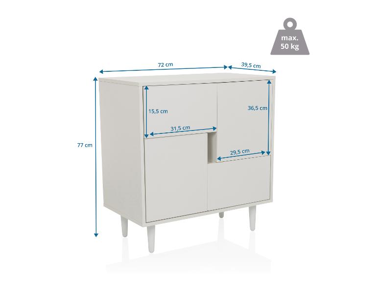 Weiße Kommode mit Doppeltüren und offenen Regalen, Maße 77x72x39,5 cm, max. Belastung 50 kg.