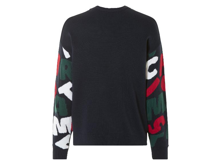 Ein dunkelblauer Pullover mit einem weißen, roten und grünen Muster auf den Ärmeln.