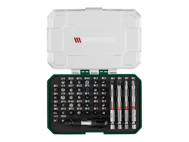 Schraubendreher-Bits und Bohrer-Set in einer grünen und transparenten Box.