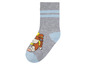 Graue Socke mit blauen Streifen und einem Comic-Hund.