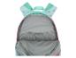 Offener türkiser Rucksack mit rosa Mustern und bedrucktem grauen Futter.