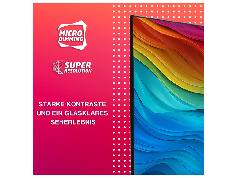 Ein TV-Bildschirm mit Micro-Dimming und Super-Resolution, mit einem Bild von Regenbogenwellen.
