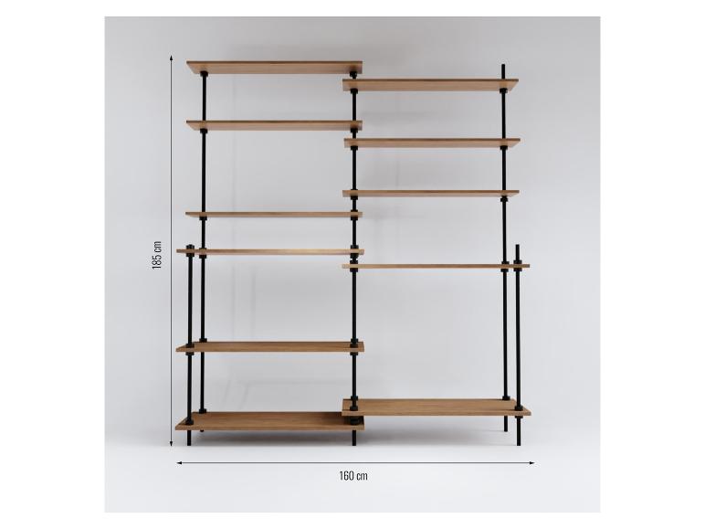 Holzregal mit schwarzen Metallrahmen, 185 cm hoch und 160 cm breit.