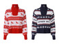Zwei Strickpullover mit winterlichem Design, darunter ein roter mit Skifahrern und ein blauer mit 'Après-Ski'.