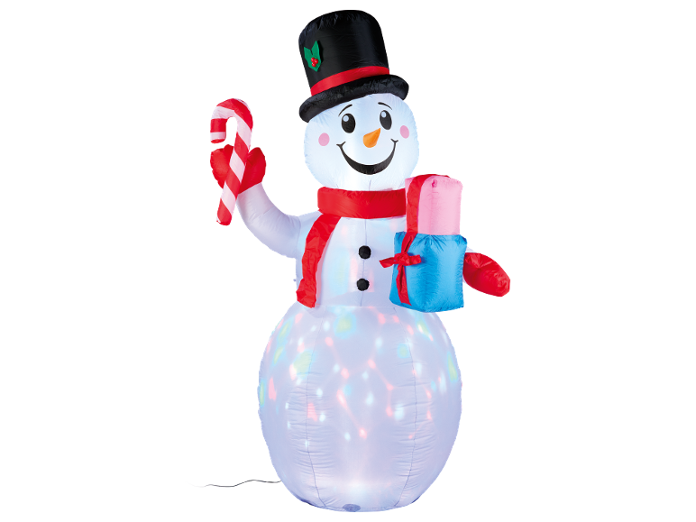 Aufblasbarer Weihnachts-Schneemann mit Zuckerstange und Geschenk, von innen beleuchtet.