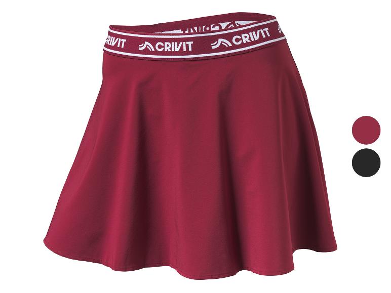 Bordeauxroter Damen-Sportrock mit elastischem Bund mit der Aufschrift „CRIVIT“.